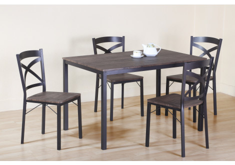 Table et 4 chaises IZA décor teck et pieds marron